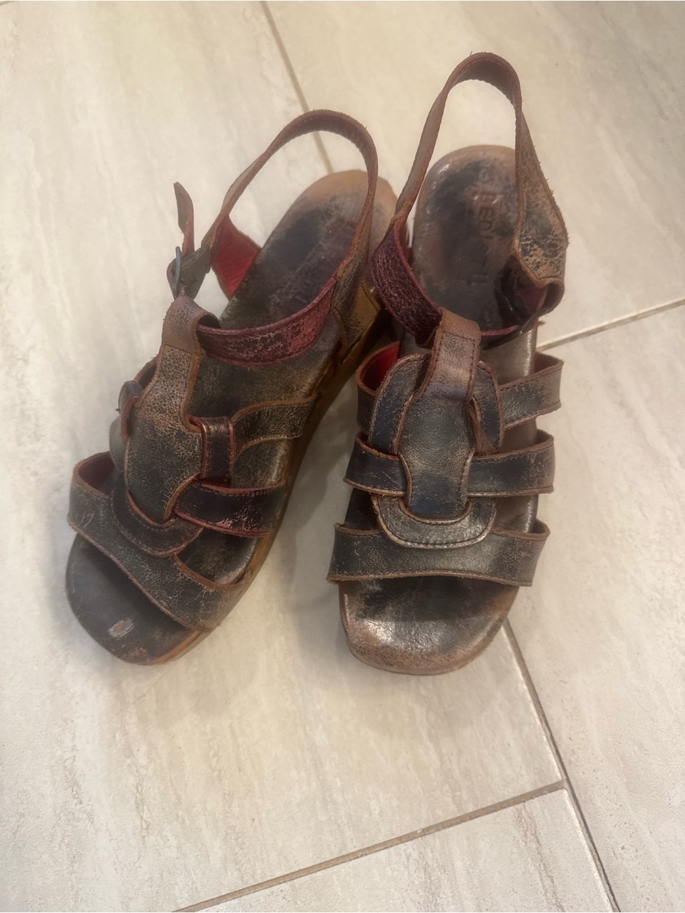 Bed Stu Brown Distressed Leather Strappy Slingback Sandals